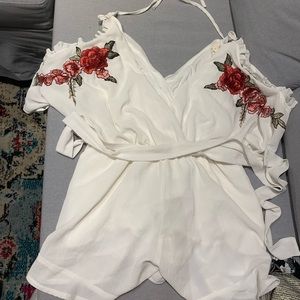 White Romper with Red Rose Detail